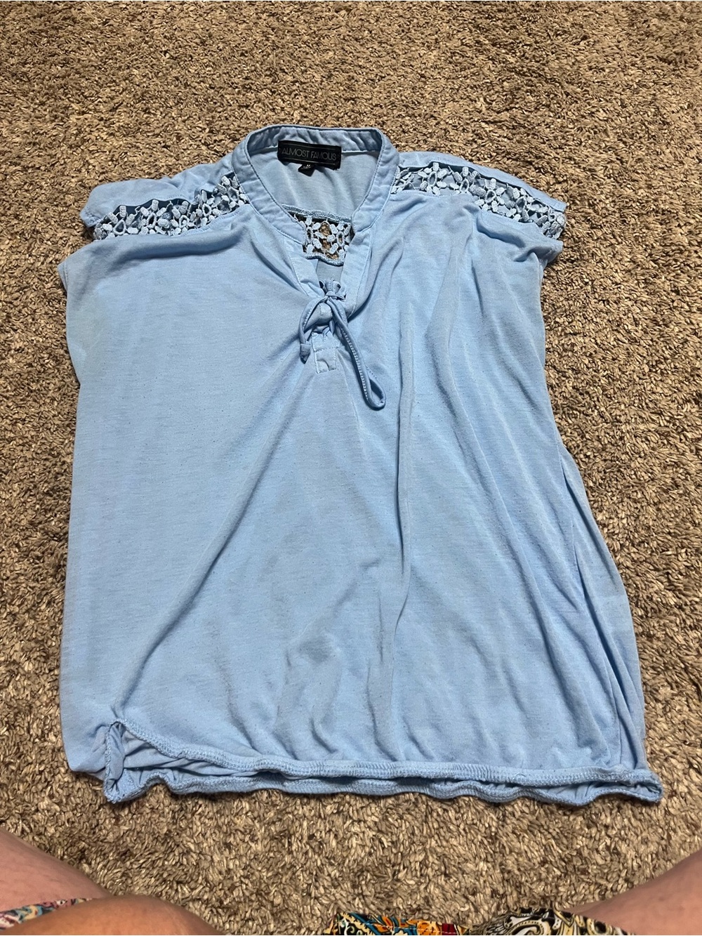 Almost Famous Light Blue Lace-Accent Tie-Neck Tank